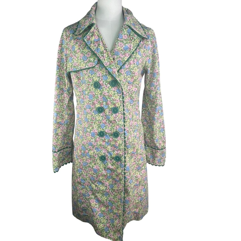 Odille Anthropologie‎ Trench Coat Pastel floral cottagecore, Ricrac trim, sz 10